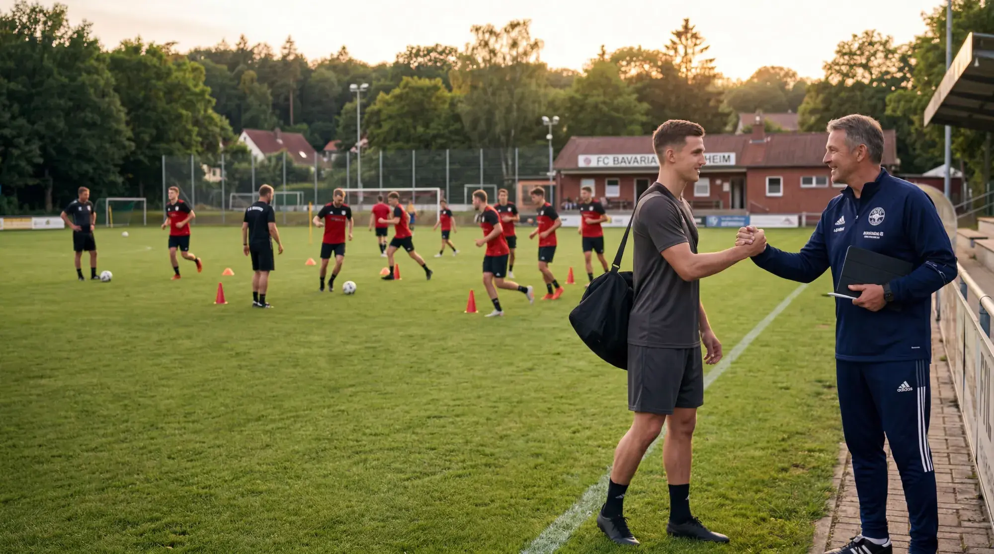 Fußballspieler und Trainer geben sich beim Probetraining auf dem Vereinsgelände die Hand