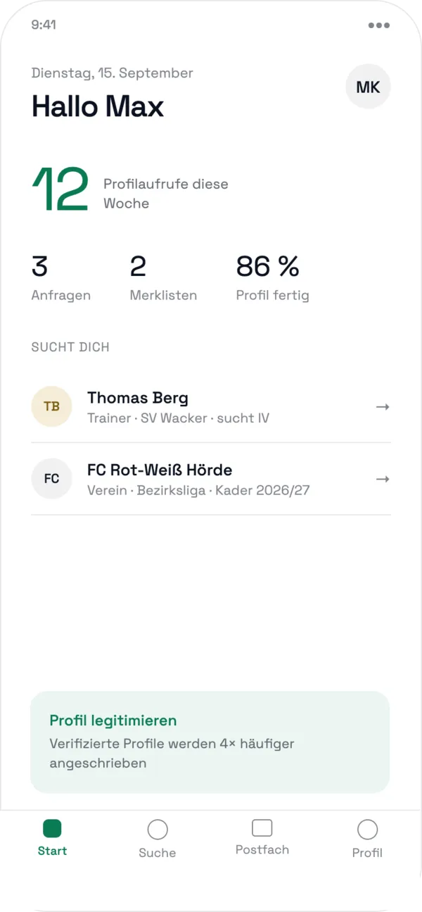 MyPro11 App für Spieler mit Profilbesuchen und Anfragen