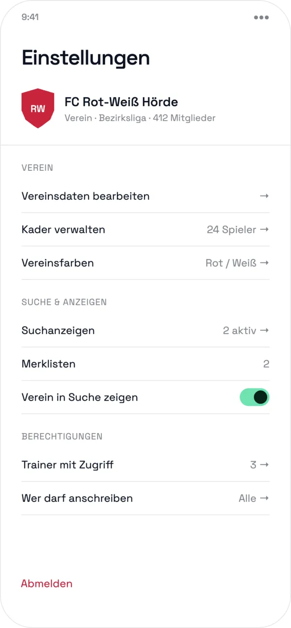 MyPro11 App für Vereine mit Kader und Gesuchen