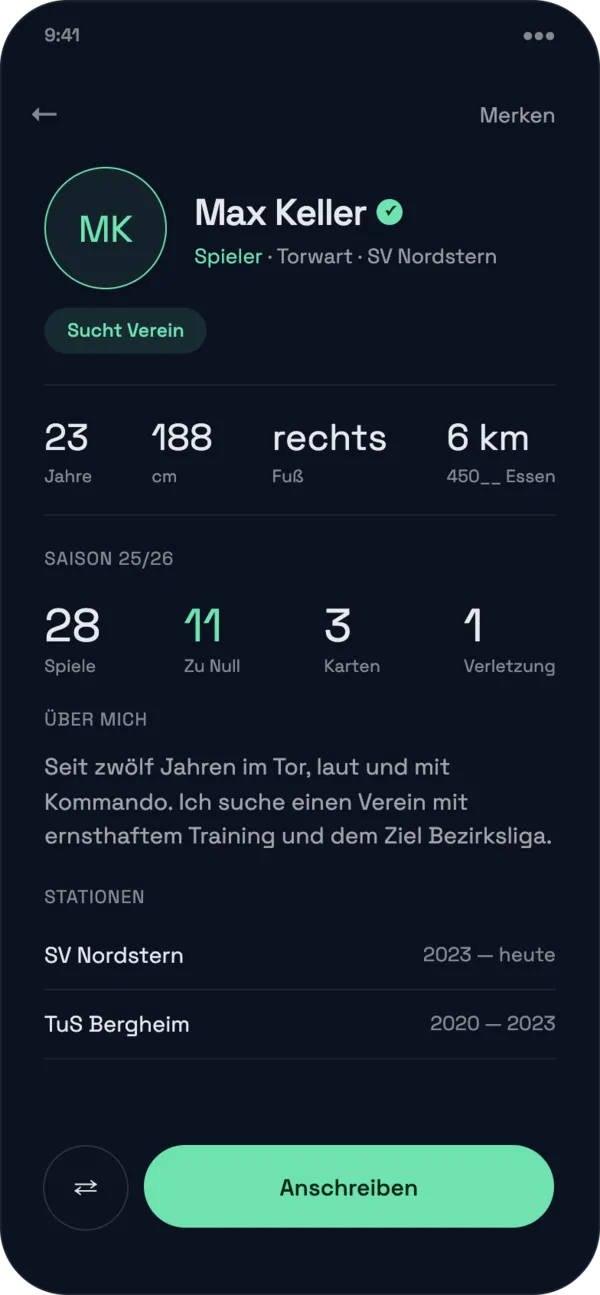 Spielerprofil mit Position, Liga und Saisonstatistik in der MyPro11 App