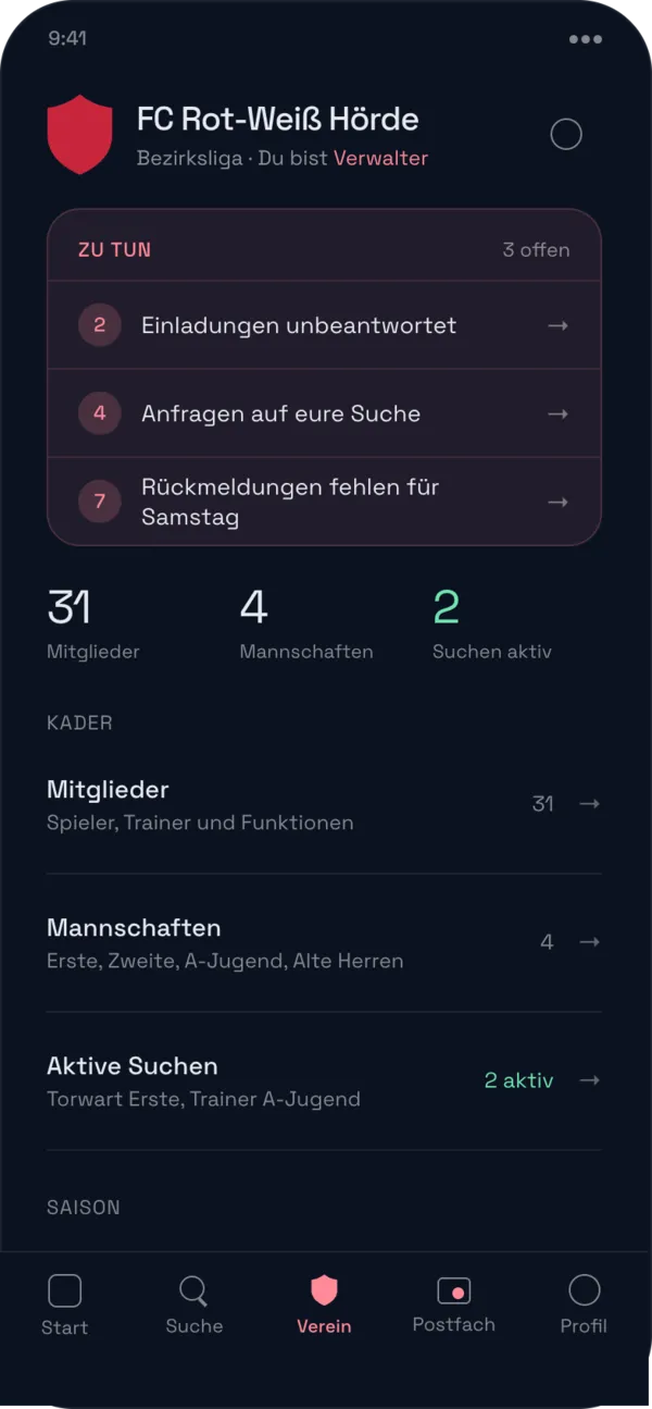 Vereins-Tab mit offenen Aufgaben in der MyPro11 App