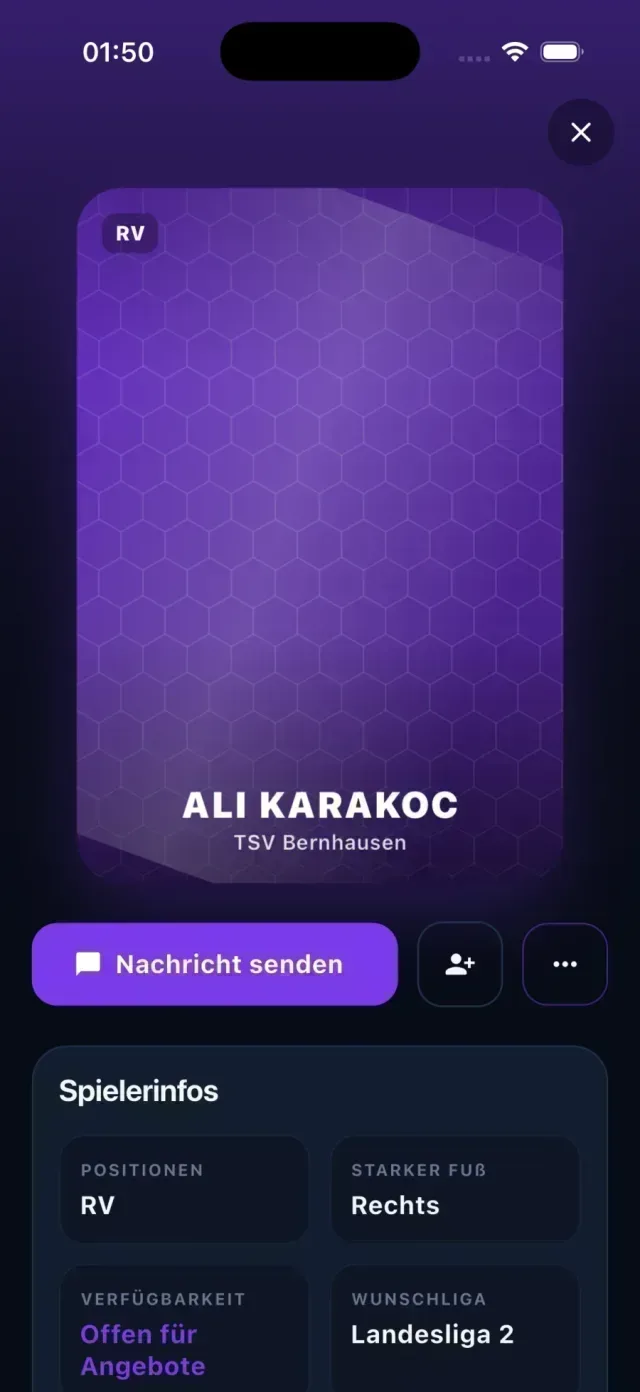 MyPro11 Spielerprofil mit Position, Liga und Stärken