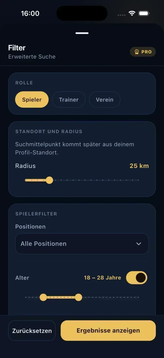 MyPro11 Such-Screen mit Umkreis, Radius und Spielerfiltern